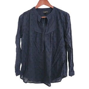 J.Crew Women's Swiss Dot Tie Neck Peasant Bib Blouse Top Size 10 Navy Blue
